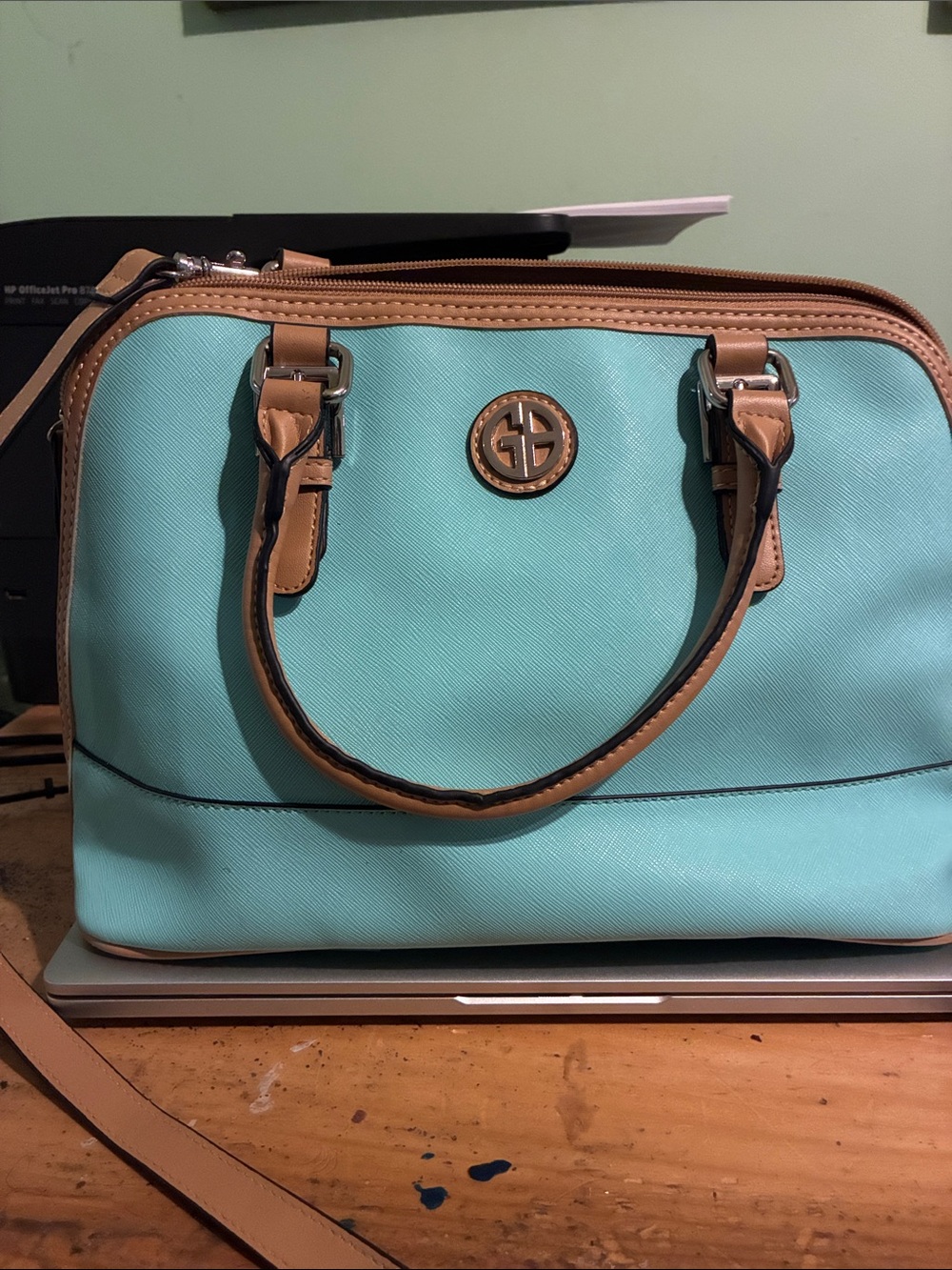 Giani Bernini Turquoise and Tan Satchel Handbag